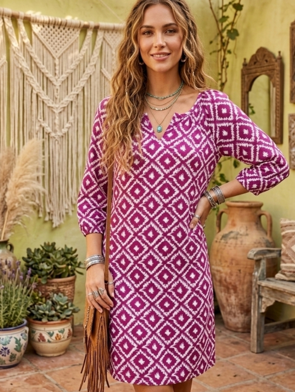 Jon & Anna Magenta & White Printed Dress with Gold Accent Boho Summer SUN DRESS